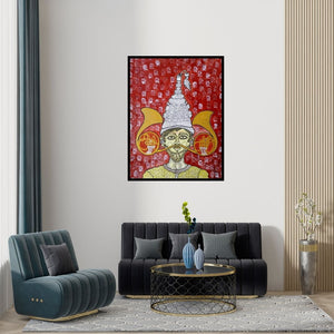 Preview of 'Moochwale Groom 2 (Mystical Portrait)' Painting by Runa Biswas shown on a wall in a furnished room.