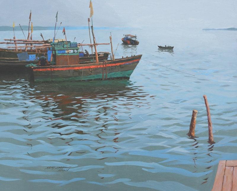 Seascape acrylic painting titled 'Mood Of The Sea', 24x30 inches, by artist Abhijit Jadhav on Canvas