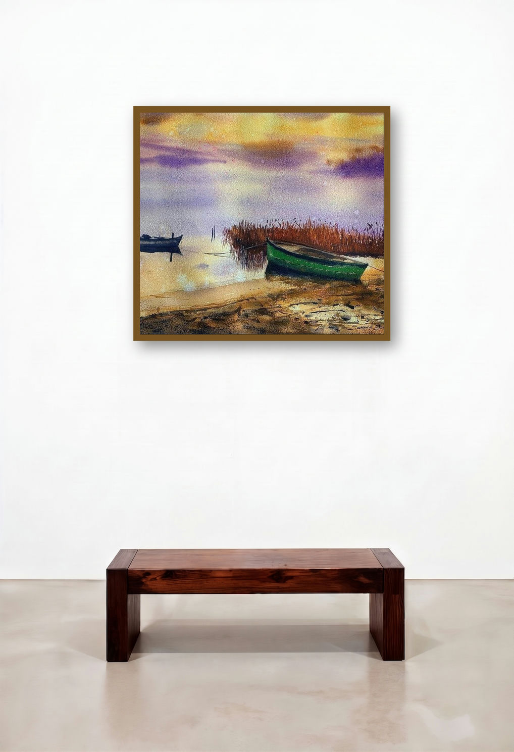Moodi River (Twilight Tranquility) by artist Ks Farvez displayed in a Minimalist Bedroom