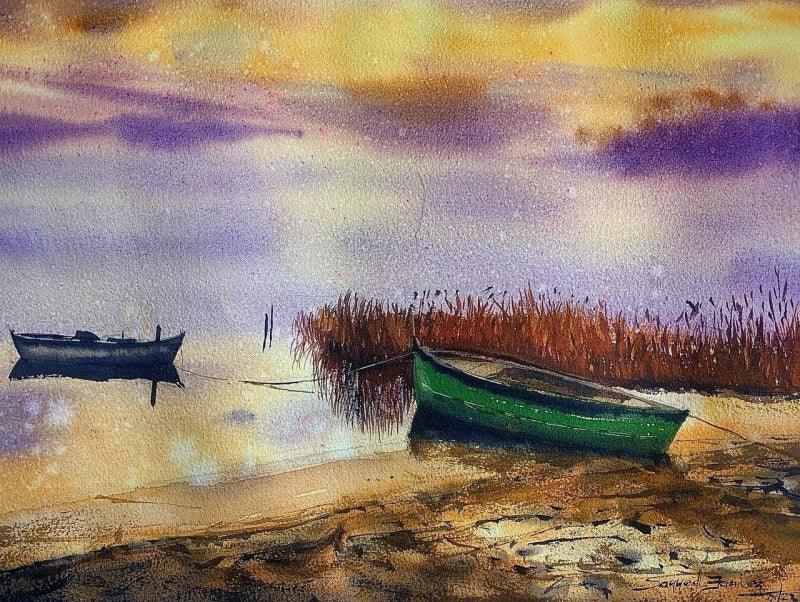 Seascape watercolor painting titled 'Moodi River', 11x15 inches, by artist KS Farvez on Paper