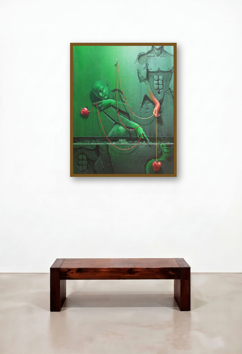 Moods (Green Figure with Apples) by artist Gopal Chowdhury displayed in a Rustic Dining Room