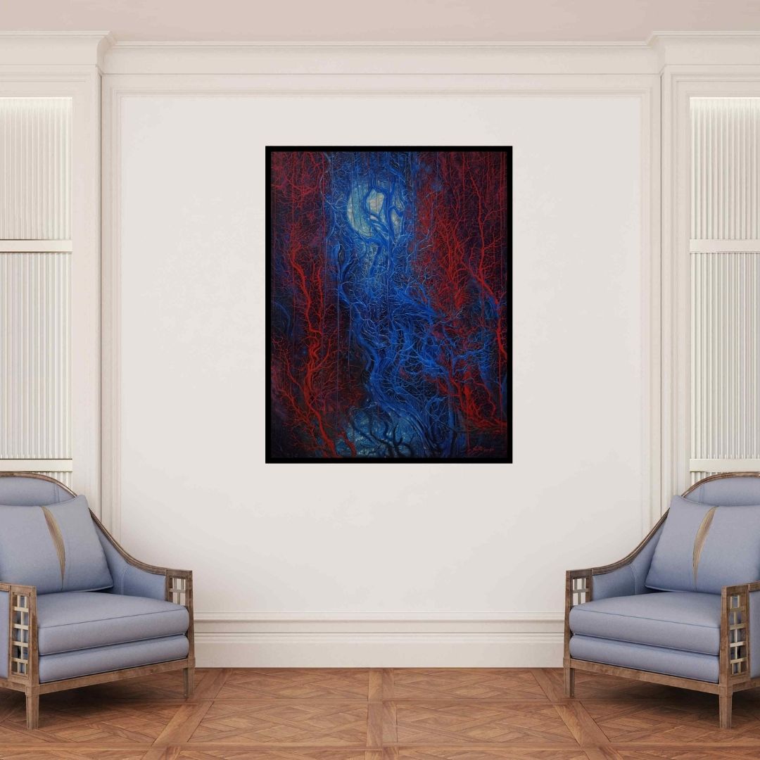 In-situ view of Anil Kumar Vishwakarma's 'The Moon (Lunar Lullaby)' painting in a room