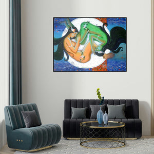 Pallavi Deodhar's 'Moonlight Dream (Lunar Embrace)' painting visualized above a sofa in a contemporary room.