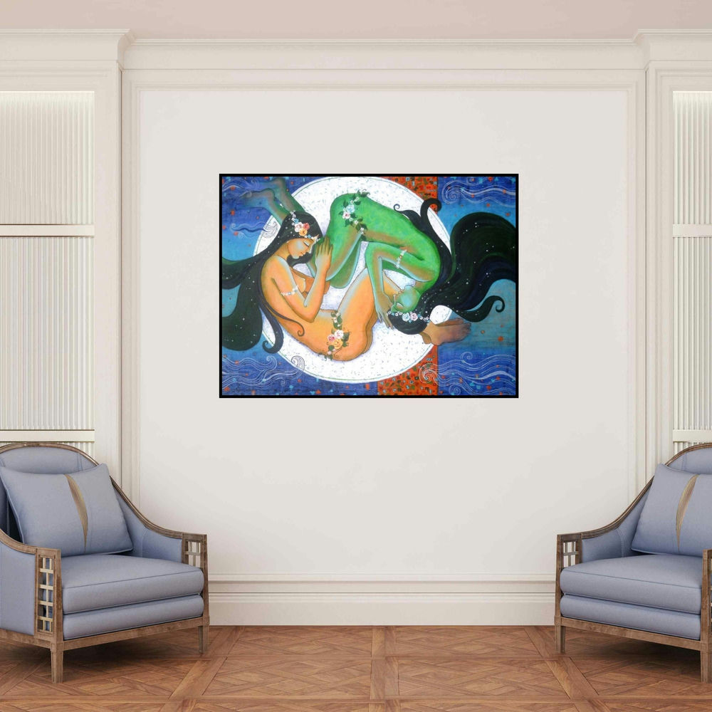 'Moonlight Dream (Lunar Embrace)' painting by Pallavi Deodhar shown on a wall in a furnished room.