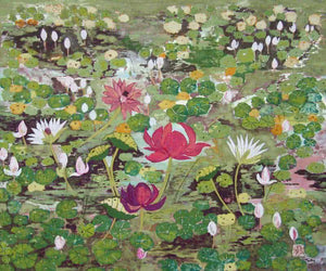 Moonlit Pond (Lotus Pond) by Madhu Jain, Original Tempera Landscape Painting on Handmade Paper, Small Horizontal Wall Art