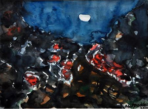 Moonlit Village 1 (Moonlit Village) by Asit Poddar, Original Watercolor Abstract Painting on Canvas, X-Small Horizontal Wall Art