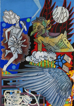 Moonshine (A Celestial Showdown) by Joydip Sengupta, Original Mixed Media Contemporary Painting on Paper, Small Vertical Wall Art