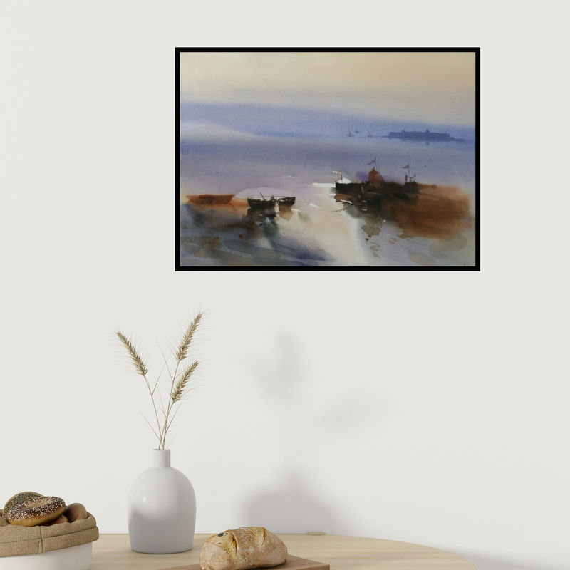 In-situ view of Prashant Prabhu's 'Mooring In The Mystique 22X30' painting in a room