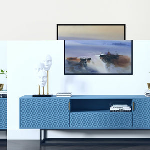 Preview of 'Mooring In The Mystique 22X30' Painting by Prashant Prabhu shown on a wall in a furnished room.