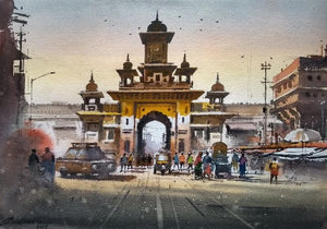 Morbi (Gateway to the City) by Nanasaheb Yeole, Original Watercolor Cityscape Painting on Paper, Small Horizontal Wall Art