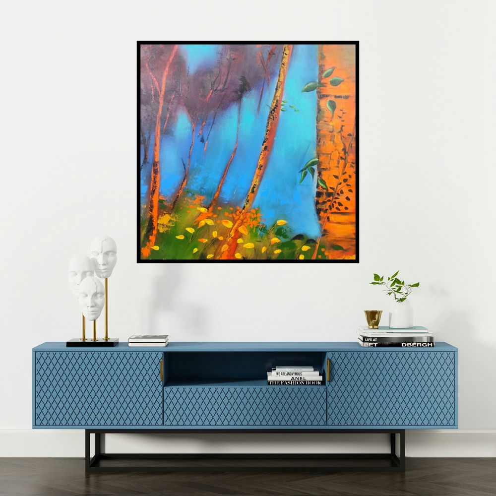 'Morning (Forest's Awakening)' painting by Sanjay Dhawale shown on a wall in a furnished room.