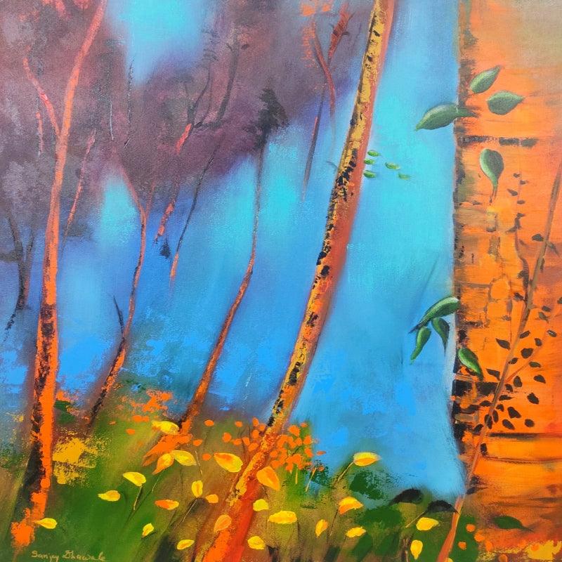 Landscape acrylic painting titled 'Morning', 36x36 inches, by artist Sanjay Dhawale on Canvas
