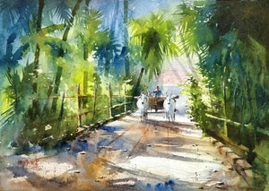 Morning Beauty (Rural Tranquility) by Sanjay Dhawale, Original Watercolor Landscape Painting on Paper, Small Horizontal Wall Art