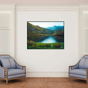 'Morning Dues' painting by Seby Augustine shown on a wall in a furnished room.