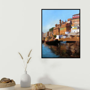 Atif Pachapuri's 'Morning In Ghat (Sunrise on the Ganges)' painting visualized above a sofa in a contemporary room.