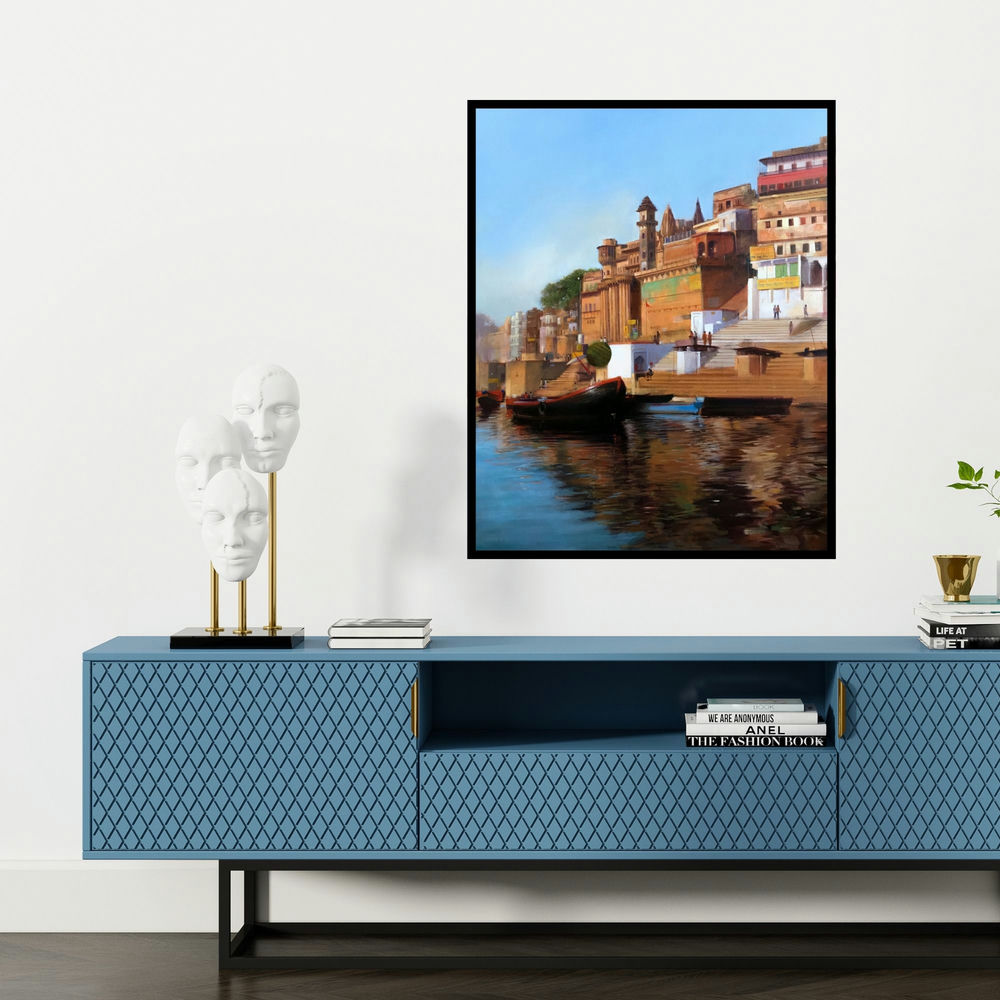 'Morning In Ghat (Sunrise on the Ganges)' painting by Atif Pachapuri shown on a wall in a furnished room.