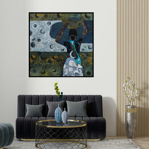 Harshada Kolapkar's 'Morning Glory (Woman Carrying Pot)' painting visualized above a sofa in a contemporary room.