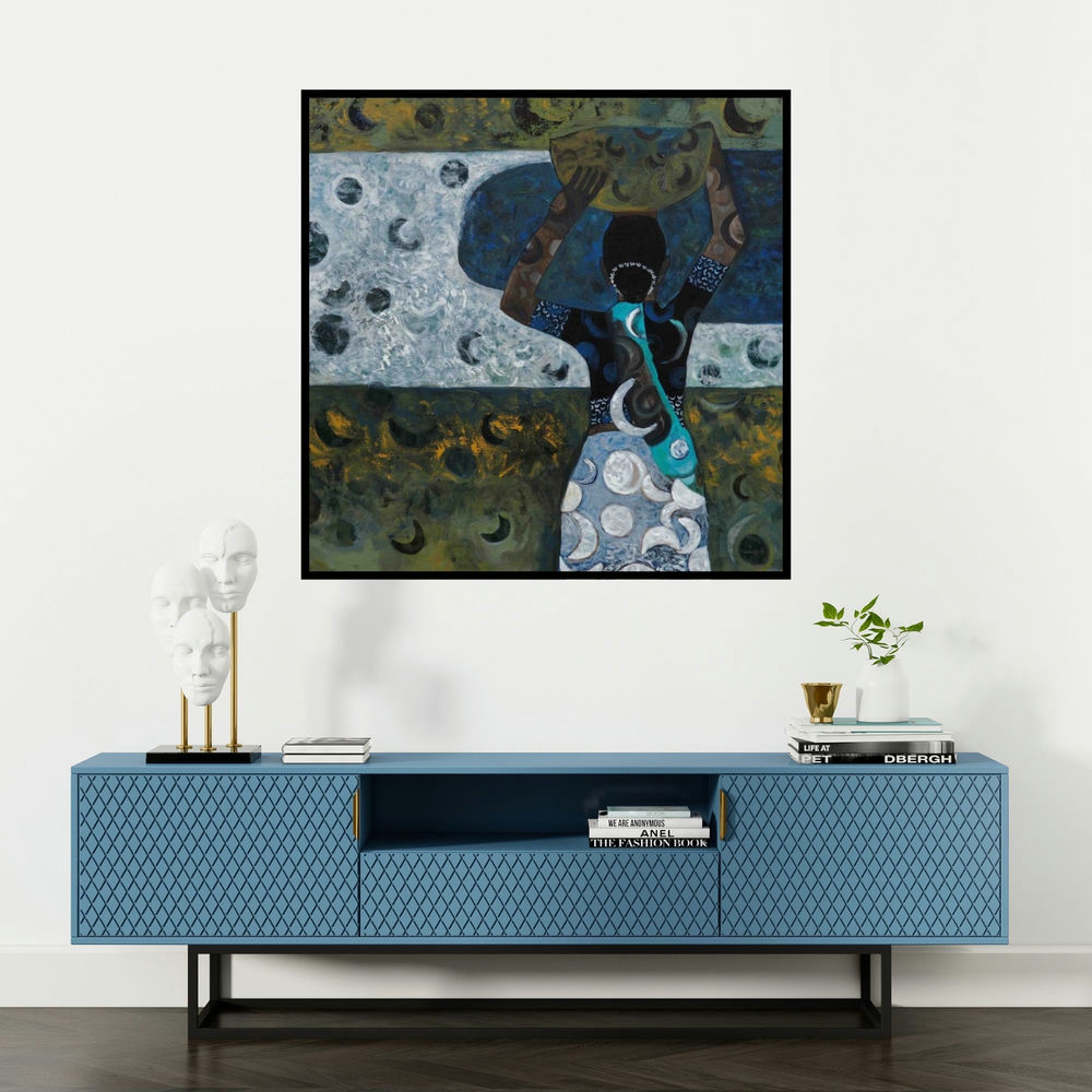'Morning Glory (Woman Carrying Pot)' painting by Harshada Kolapkar shown on a wall in a furnished room.