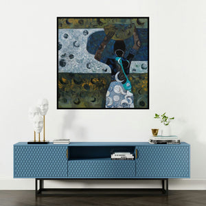 'Morning Glory (Woman Carrying Pot)' painting by Harshada Kolapkar shown on a wall in a furnished room.
