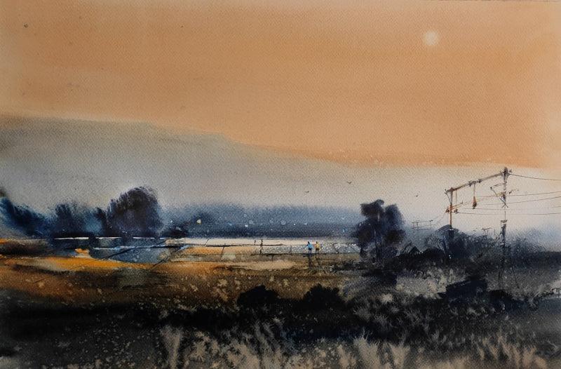 Landscape watercolor painting titled 'Morning Harmony', 14x22 inches, by artist Purendra Deogirkar on Paper
