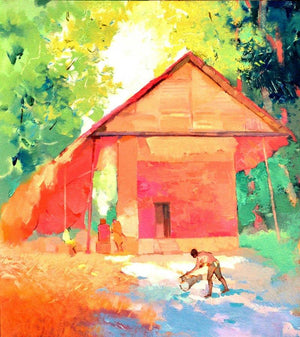 Morning Hustle 1 (Village House) by Sikandar Mulla, Original Oil Nature Painting on Canvas, Small Square Wall Art
