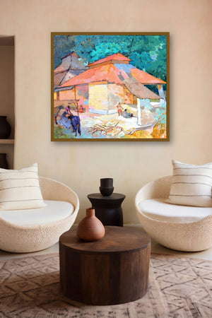 Morning Hustle 2 (Rural Indian Scene) by artist Sikandar Mulla displayed in a Museum Style gallery