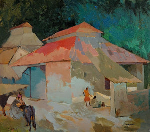 Morning Hustle (Village Awakening) by Sikandar Mulla, Original Acrylic Landscape Painting on Canvas, Medium Horizontal Wall Art