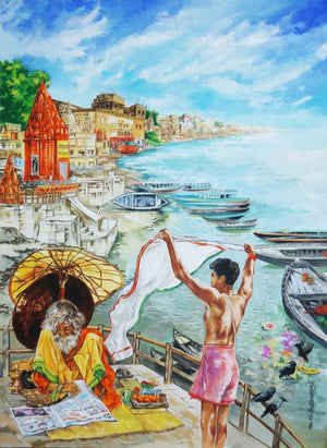 Morning In Banaras by Shambhu Nath Goswami, Original Mixed Media Cityscape Painting on Paper, Medium Vertical Wall Art