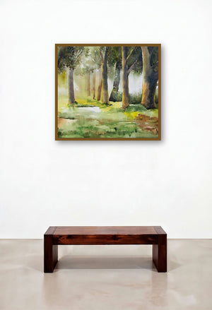Morning In Wood (Ethereal Sunrise) by artist Jitendra Sule displayed in a Rustic Family Room