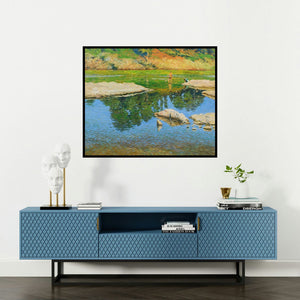 Bhargavkumar Kulkarni's 'Morning Light (Bathing by the River)' painting visualized above a sofa in a contemporary room.
