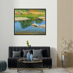 'Morning Light (Bathing by the River)' painting by Bhargavkumar Kulkarni shown on a wall in a furnished room.