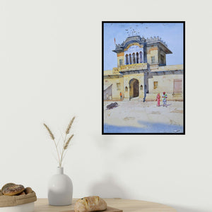 Ambadas Nagpure's 'Morning Light (Gateway to Devotion)' painting visualized above a sofa in a contemporary room.