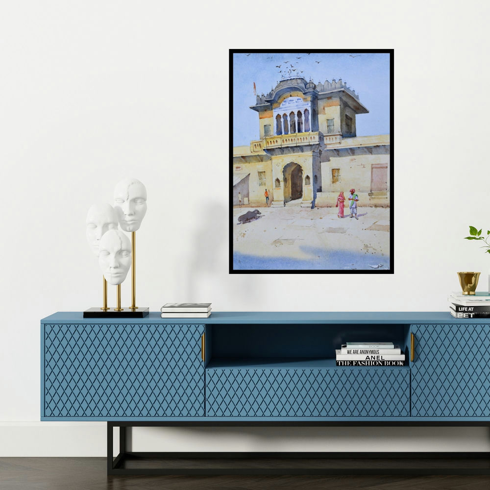 'Morning Light (Gateway to Devotion)' painting by Ambadas Nagpure shown on a wall in a furnished room.