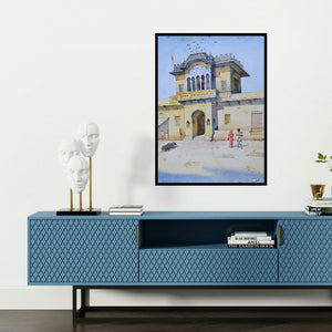 'Morning Light (Gateway to Devotion)' painting by Ambadas Nagpure shown on a wall in a furnished room.