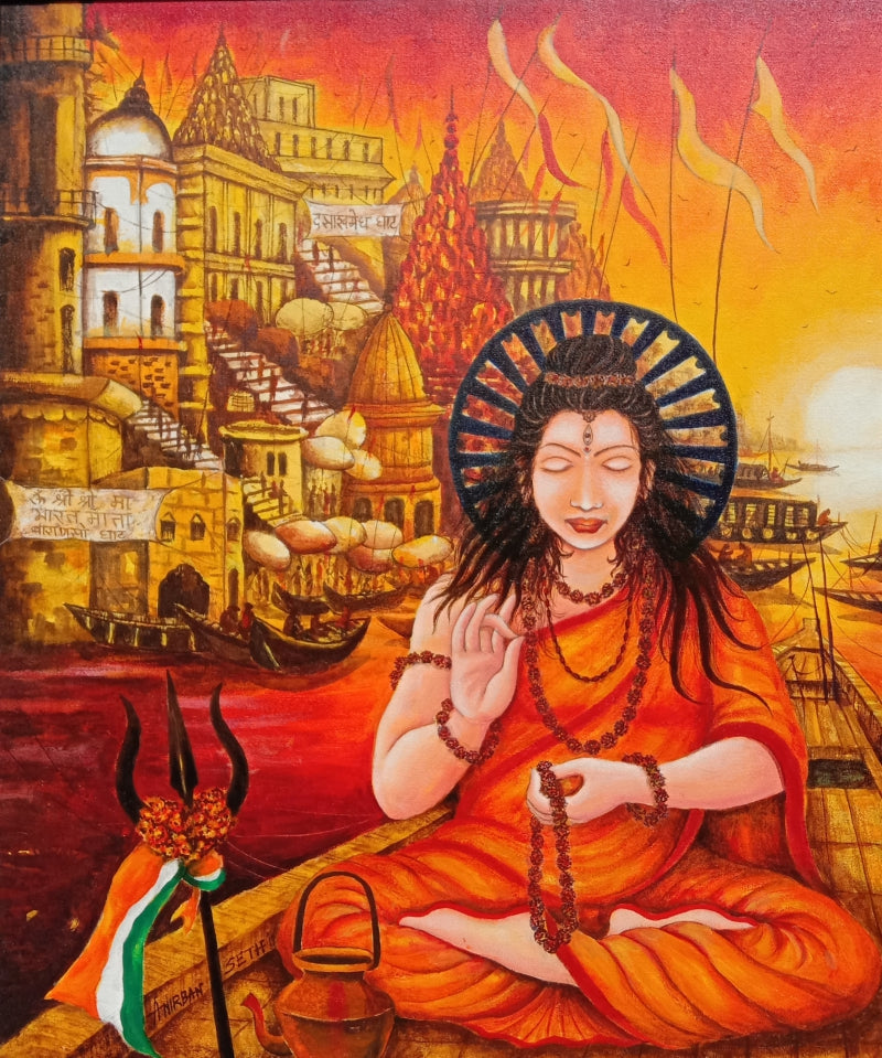 'Morning Light In Banaras Ghats' religious acrylic painting by artist Anirban Seth, 36x30 inch, on canvas