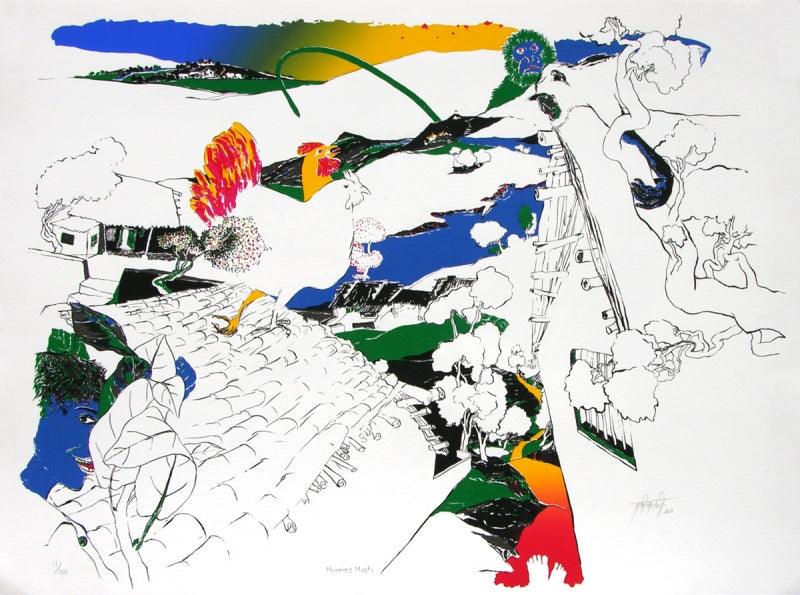 Landscape serigraphs painting titled 'Morning Masti', 30x40 inches, by artist Nabibakhsh Mansoori on Paper