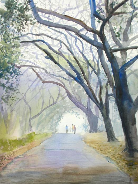 Nature watercolor painting titled 'Morning Mist', 20x15 inches, by artist Ramesh Jhawar on Paper