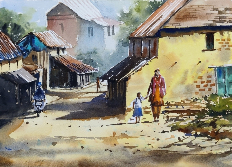 Morning Raga' landscape watercolor painting by artist Sujit Chakraborty, 12x17 inch, on paper
