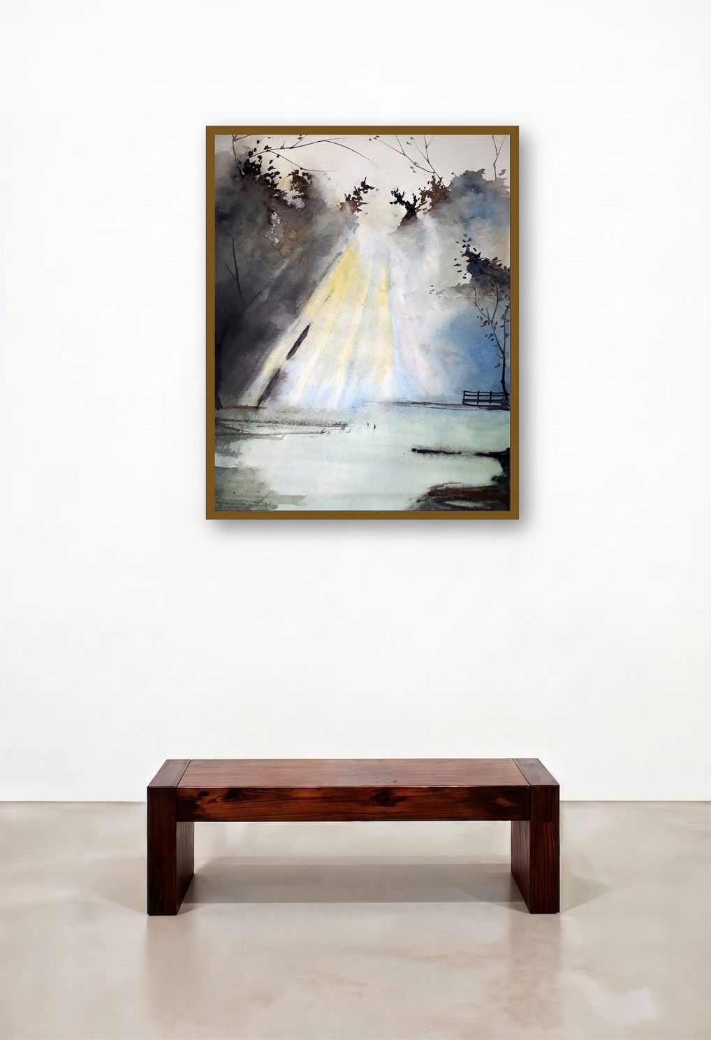 Morning Sun In The Woods (Sunlit Glade) by artist Arunava Ray displayed in a Mid-Century Modern Family Room
