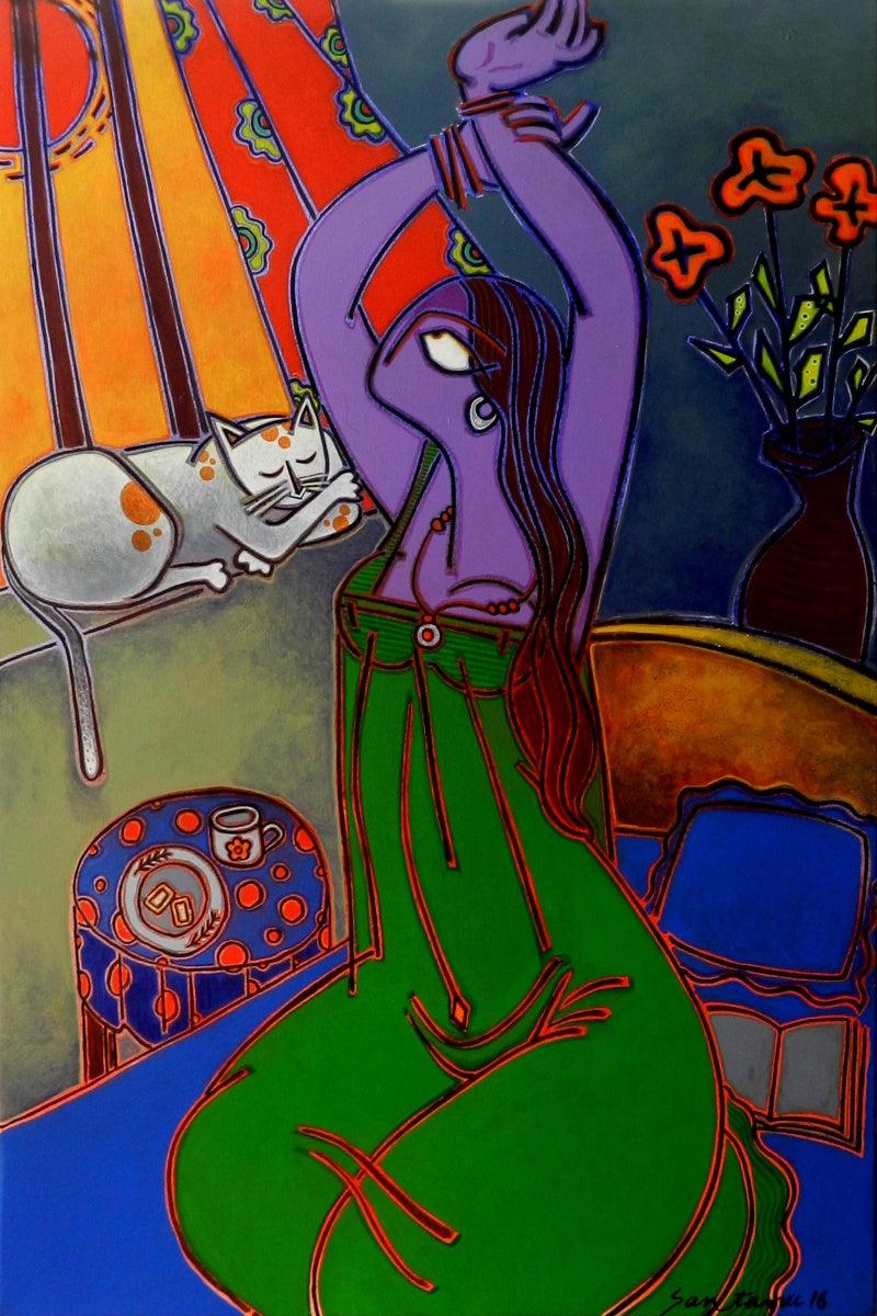 Figurative acrylic painting titled 'Morning Tea', 36x24 inches, by artist Santanu Nandan Dinda on Canvas