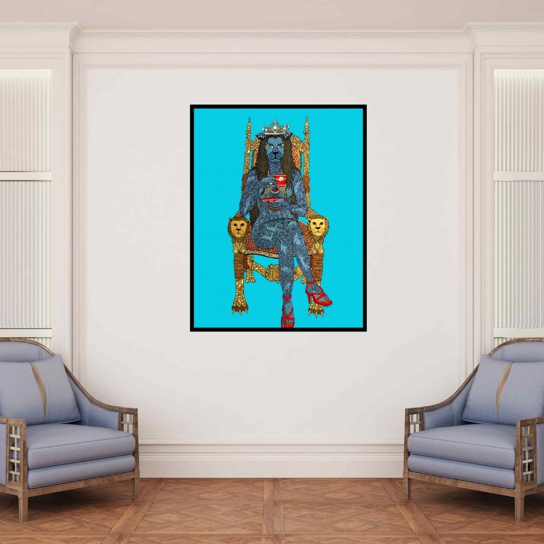 In-situ view of Bandana Kumari's 'Morning Tea (Blue Lioness on Ornate Throne)' painting in a room