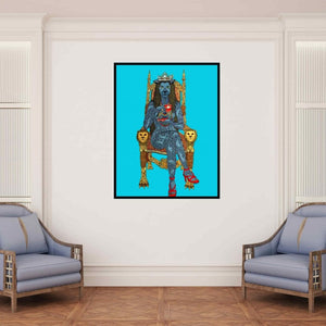 In-situ view of Bandana Kumari's 'Morning Tea (Blue Lioness on Ornate Throne)' painting in a room