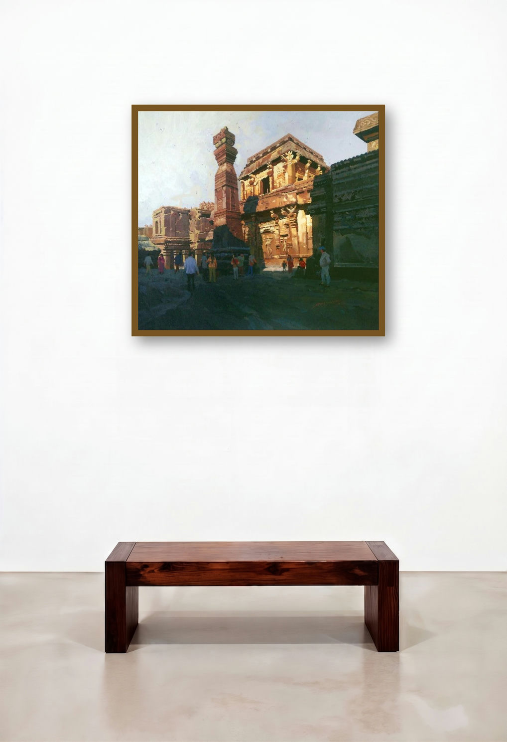 Morning Vibes Ellora Caves (Hampi Ruins at Dusk) by artist Abhijit Jadhav displayed in a Boutique Hotel Style Lounge