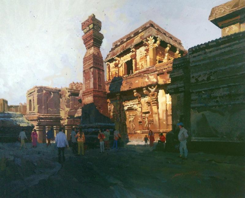 Cityscape acrylic painting titled 'Morning Vibes Ellora Caves', 30x36 inches, by artist Abhijit Jadhav on Canvas