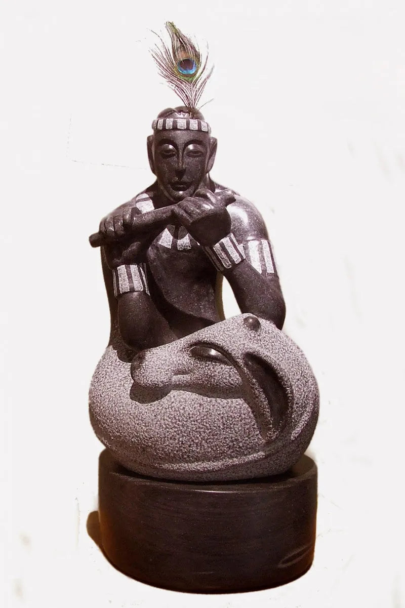 Religious sculpture titled 'Morpankh Dhari', 35x16 inch, by artist Parminder Singh on Black Marble