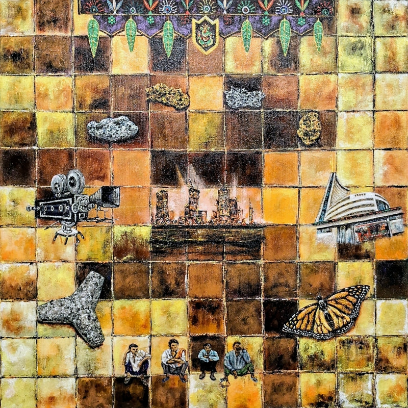 Mosaic City Of Gold 2 A Mumbai Story' contemporary mixed-media painting by artist Saurab Bhardwaj, 22x22 inch, on canvas