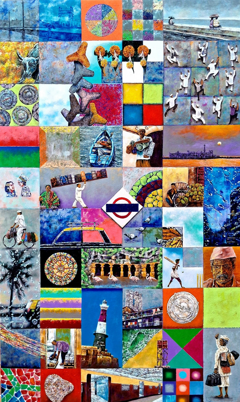 Mosaic Mumbai 3 A Mumbai Story' contemporary mixed-media painting by artist Saurab Bhardwaj, 60x36 inch, on canvas
