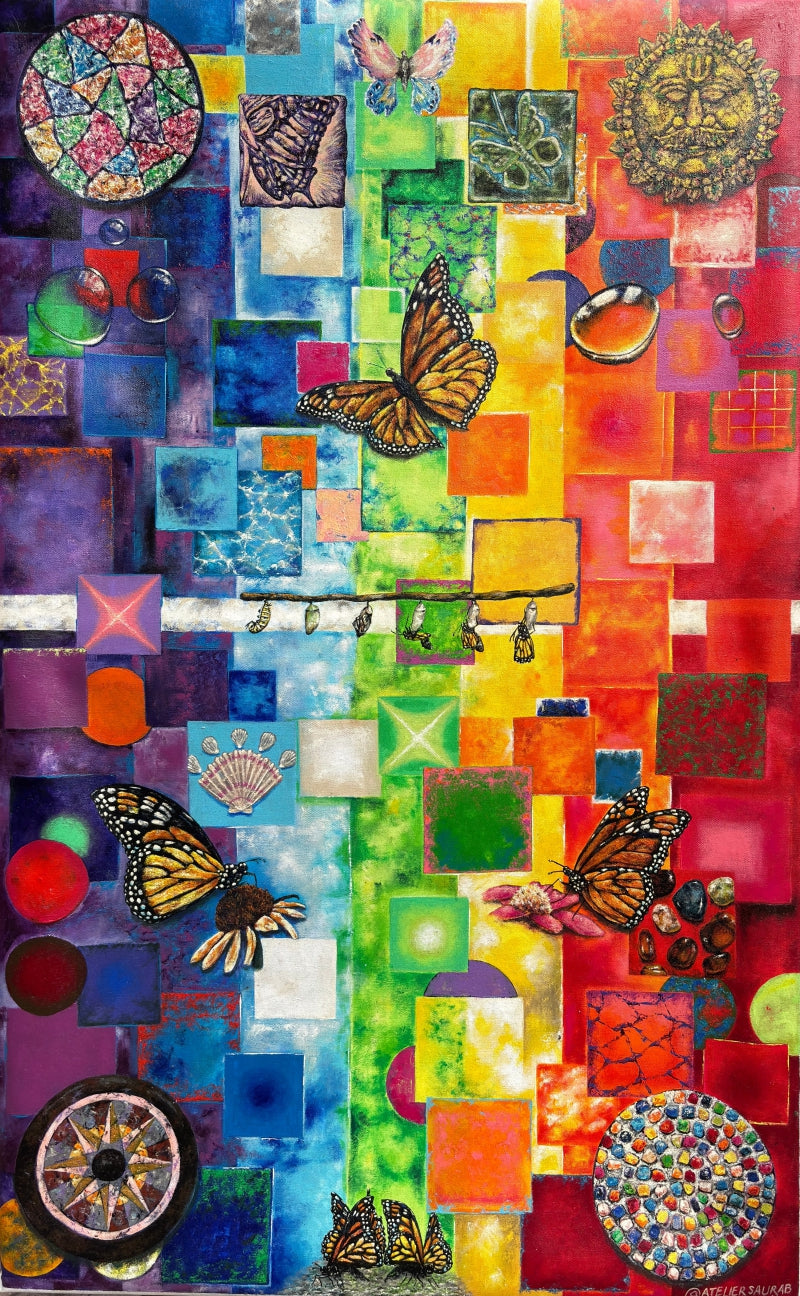 Mosaic Rainbow Monarch Butterfly Series' contemporary mixed-media painting by artist Saurab Bhardwaj, 48x30 inch, on canvas