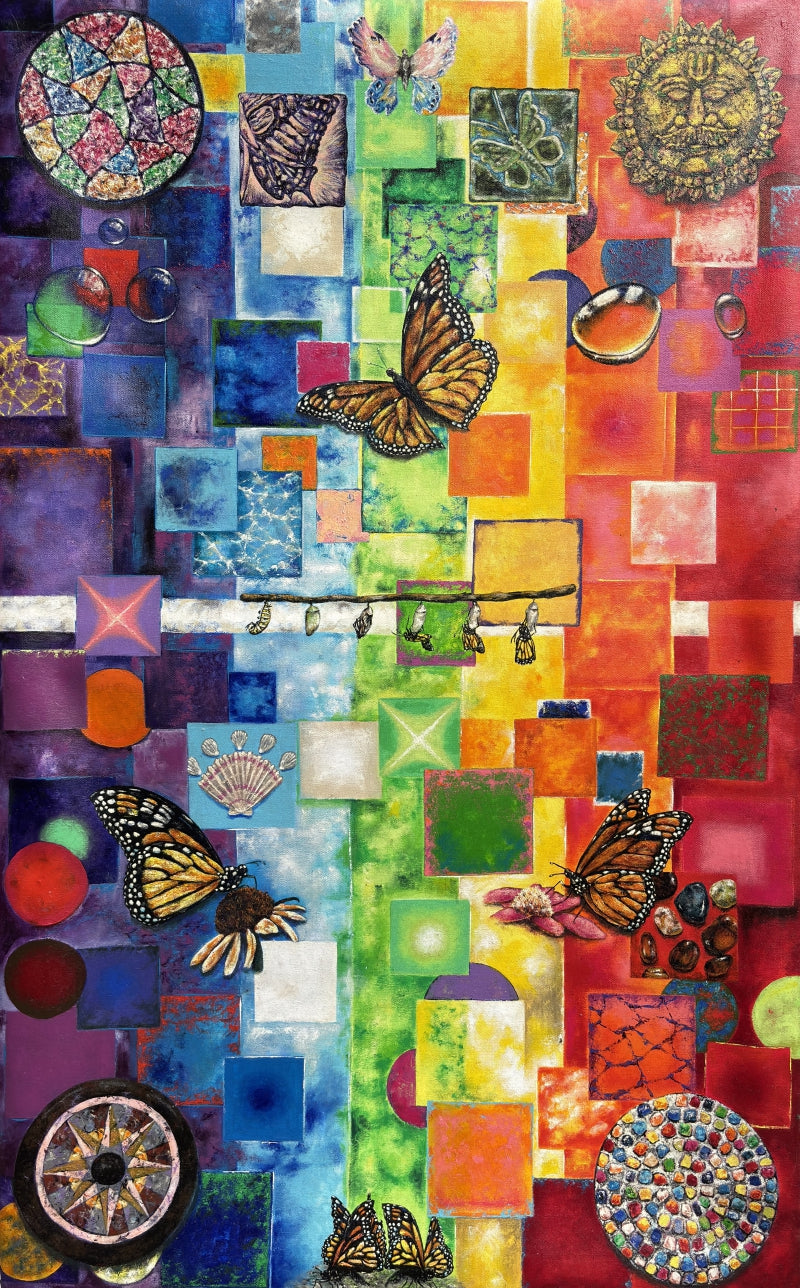 Mosaic Rainbow Monarch Butterfly Series' contemporary mixed-media painting by artist Saurab Bhardwaj, 48x30 inch, on canvas