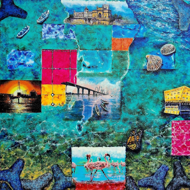 Mosaic Waterline A Mumbai Story' contemporary mixed-media painting by artist Saurab Bhardwaj, 22x22 inch, on canvas